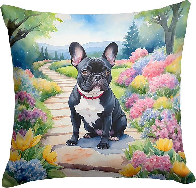 Caroline's Treasures French Bulldog Spring Path Throw Pillow Machine Washable, Indoor Outdoor Decorative Pillow for Couch, Bed or Patio, 18Hx18W