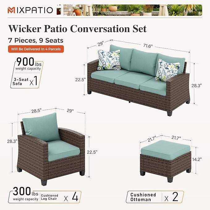 MIXPATIO Patio Furniture Set, 7 Pcs Wicker Rattan Outdoor Conversation Set, 4 x Leg Chairs, 1 x 3 Seater Sofa and 2 x Ottoman with 4" Thick Cushion for Garden Backyard Deck, Blue