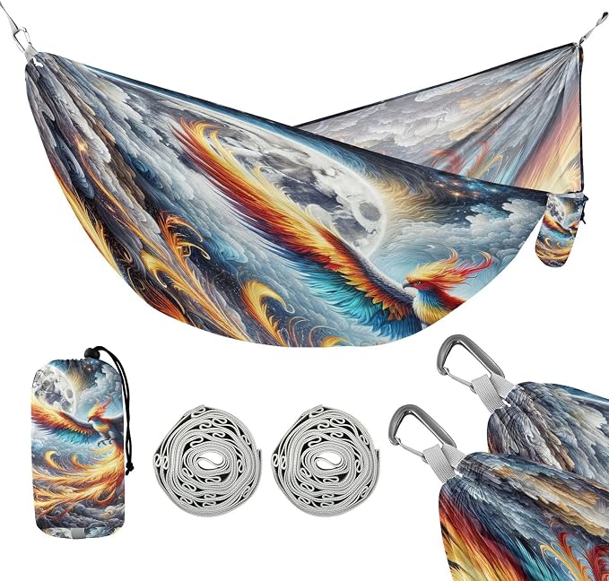 Cloud Flying Phoenix Camping Hammock, Portable Lightweight Single Hammock with 3 Straps and Aluminum Carabiners, 114" x 54" Travel Hammock for Hiking Backpacking Beach