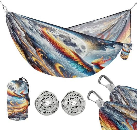 Cloud Flying Phoenix Camping Hammock, Portable Lightweight Single Hammock with 3 Straps and Aluminum Carabiners, 114" x 54" Travel Hammock for Hiking Backpacking Beach