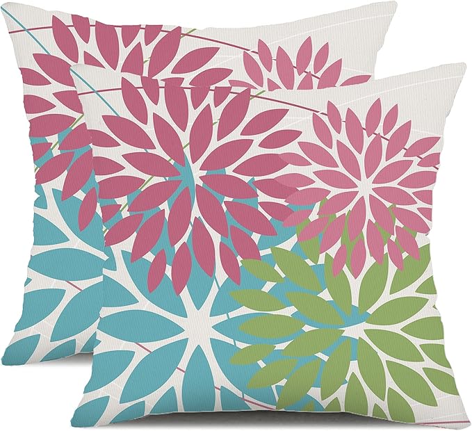 DFXSZ Pack of 2 Outdoor Waterproof Throw Pillow Covers 20x20 Pink Blue | Polyester Colorful Spring Summer Floral Decorative Cushion Cases(NO INSERT),For Couch Patio Funiture Garden Home Decor