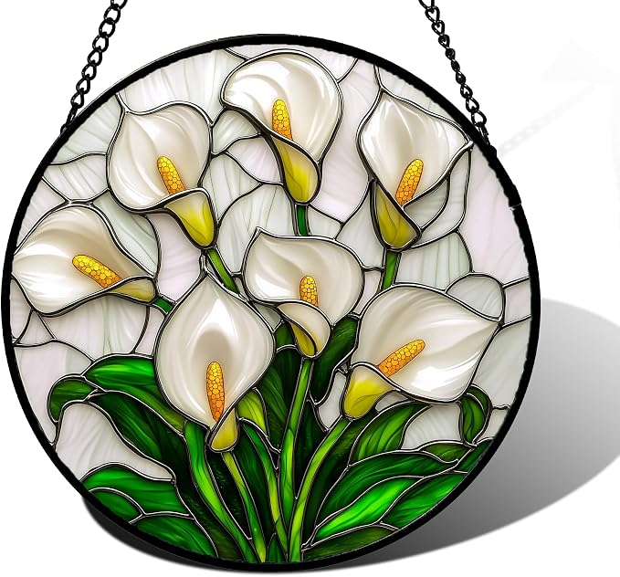 DASTOLL Stained Glass Window Hanging, White Calla Lily Suncatcher Diamond Glass Panel Hangings Flowers Sun Catchers Decor for Birthday for Women, Men, Wife, Aunt, and Mom 11.8x11.8 in