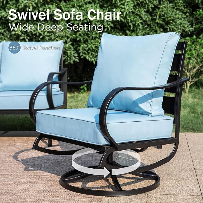 PHI VILLA Patio Furniture Set with Fire Pit Table, 1 3-Seat Patio Sofa, 2 Swivel Chair, 2 Leg Chair, 1 Fire Pit Table, 5.75" Thick Cushioned Outdoor Conversation Set for Deck Backyard Lawn, Light Blue