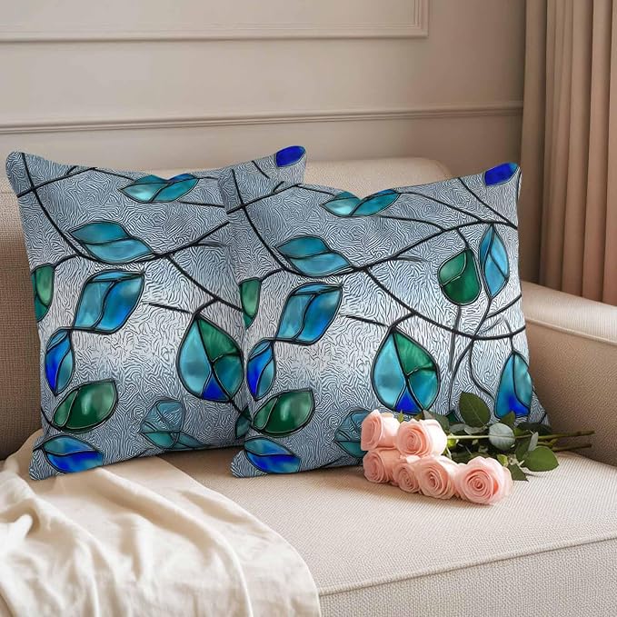 Glass Leaves Outdoor Waterproof Pillow Covers Set of 2, Abstract Blue Green Ombre Leaf Glass Splicing Pillowcase Decorative Throw Cushion Cases for Patio Garden Couch 26 x 26 Inches