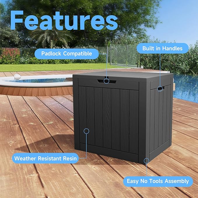 DRATO 30 Gallon Outdoor Storage Deck Box – Waterproof Resin Lockable Box with Lid for Patio Cushions, Furniture, Garden Tools and Pool Accessories (Black)