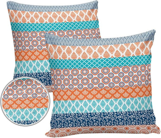 Outdoor Waterproof Pillow Covers Set of 2, Boho Geometric Floral Stripe Ethnic Turquoise Orange Blue Patio Throw Pillow Covers, Decorative Cushion Case for Couch Sofa Furniture Garden, 20x20 Inch