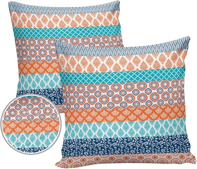 Outdoor Waterproof Pillow Covers Set of 2, Boho Geometric Floral Stripe Ethnic Turquoise Orange Blue Patio Throw Pillow Covers, Decorative Cushion Case for Couch Sofa Furniture Garden, 18x18 Inch