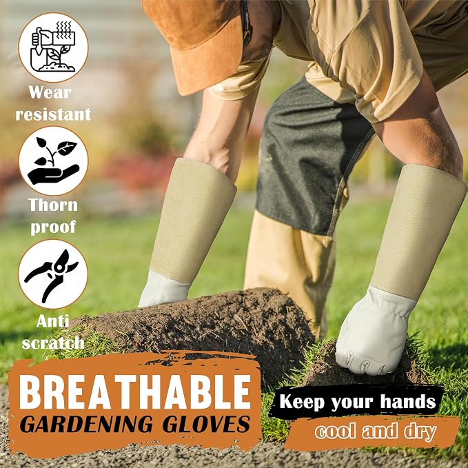 HANDLANDY Rose Pruning Gloves for Men Women, Thorn Proof Gardening Gloves | Long Leather Gardening Gloves, Breathable Leather Gauntlet, Best Garden Gifts & Tools for Gardener (Beige, M)