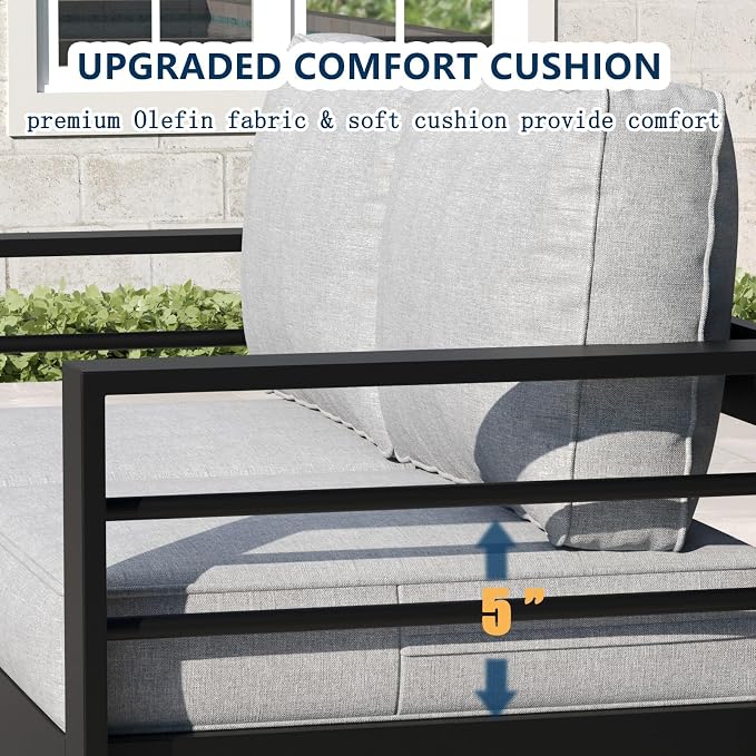 5 Pieces Aluminum Outdoor Patio Furniture Set with Fire Pit Table, Modern Metal Conversation Sofa Set with Deep Seating