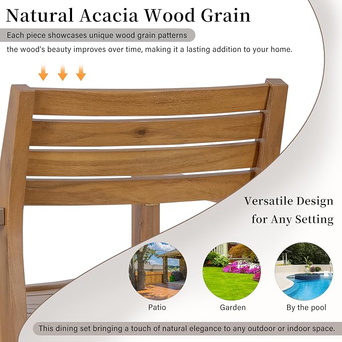 5-Piece Outdoor Patio Dining Set, All-Weather Acacia Wood 47.2" Round Dining Table with 4 Armchairs and Slatted Design for Backyard, Balcony, Garden, Poolside (Natural-4.11)