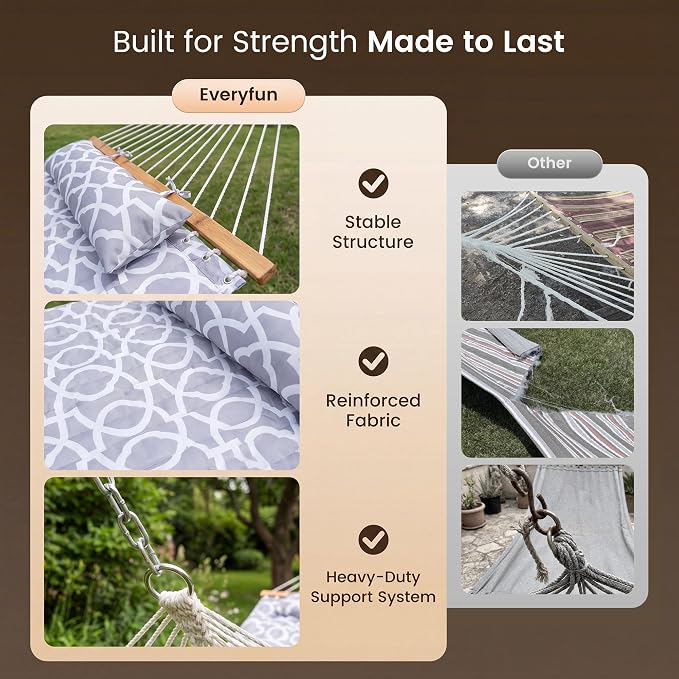Everyfun Double Hammock with Spreader Bar,Soft Pillow,Max Load 500lbs,Portable Hammock for Outdoor,Camping,and Backyard,Mist Gray