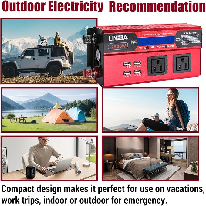 2500 Watt Power Inverter with LED Display,Dual AC Outlets,4 USB Port, 12V DC to 110V AC Converter Car Power Inverter for Car, RV, Truck, Off Grid Solar System, Camping