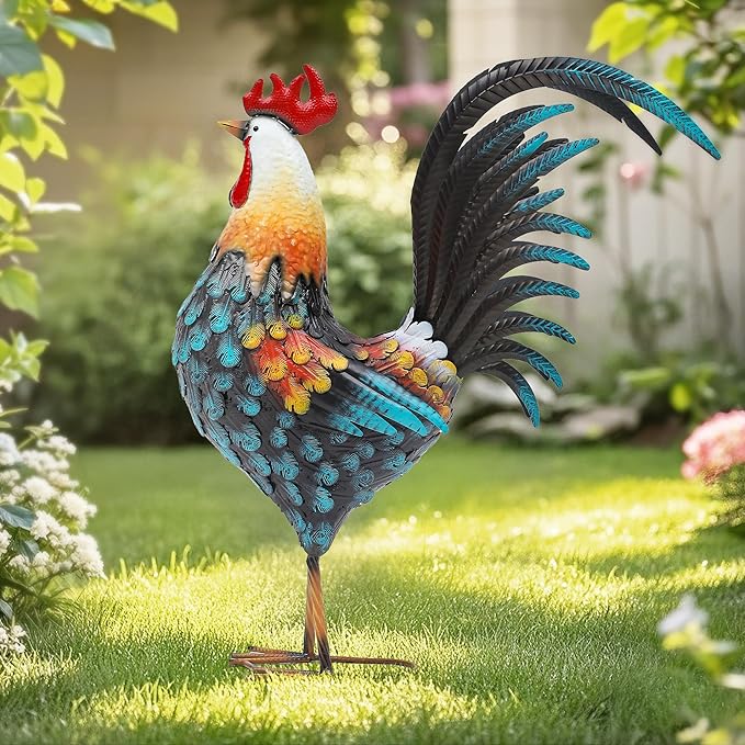 32" Majestic Metal Rooster Yard Decor, Large Outdoor Garden Statue | Outdoor Chicken Sculpture, 3D Hand-Painted, Rustic Farmhouse Style, Weather-Resistant Iron, Backyard Patio Lawn Garden