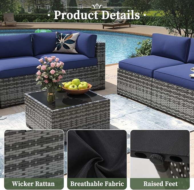 Aoxun 15 Piece Patio Furniture Set with 44” Fire Pit Table Wicker Rattan Outdoor Sectional Sofa Set with Coffee Table and Thickened Cushions, Grey/Blue