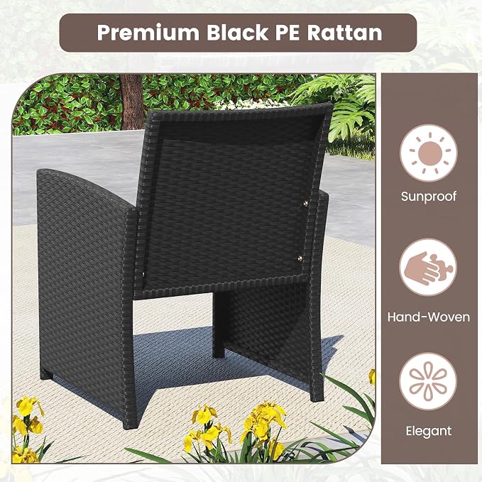 HAPPYGRILL 4 Piece Rattan Wicker Patio Conversation Set, Outdoor Furniture with Chair Loveseat Table & Cushion, for Backyard Porch Balcony (2, Black & Black)