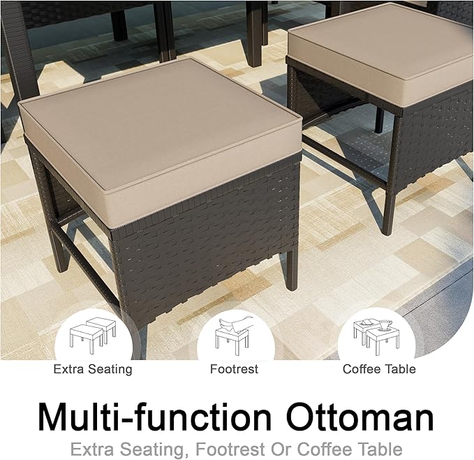 7 Pieces Outdoor Dining Set, Wicker Conversation Patio Furniture with Glass Table, L-Shaped PE Rattan Sectional Sofa Seating with Ottomans for Outside, Backyard, Balcony, Garden, Khaki Cushions