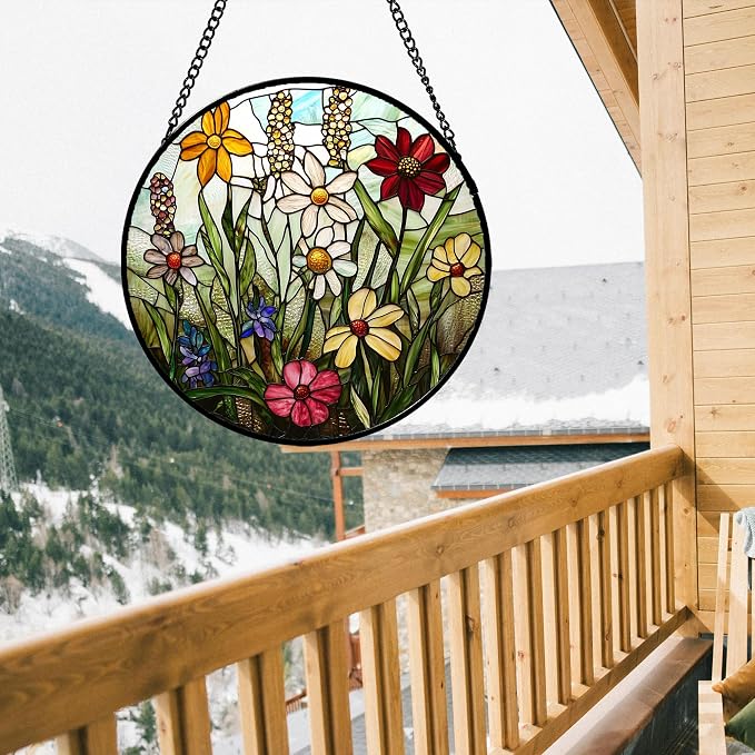 DASTOLL Stained Glass Window Hanging, Colorful Wildflowers Plant Scenery Suncatcher for Doors Window Home White Green Sun Catchers Decor Mother's Day Birthday Gifts for Women, Men Mom 11.8 in