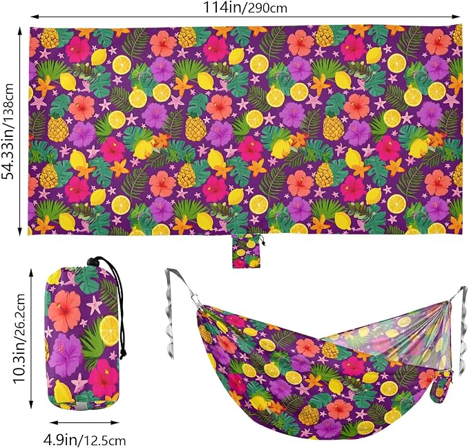 Camping Hammock Outdoor Hammocks for Outside Pineapple Hibiscus Flower Beach Trees Portable Lightweight with Pockets Tree Straps Indoor