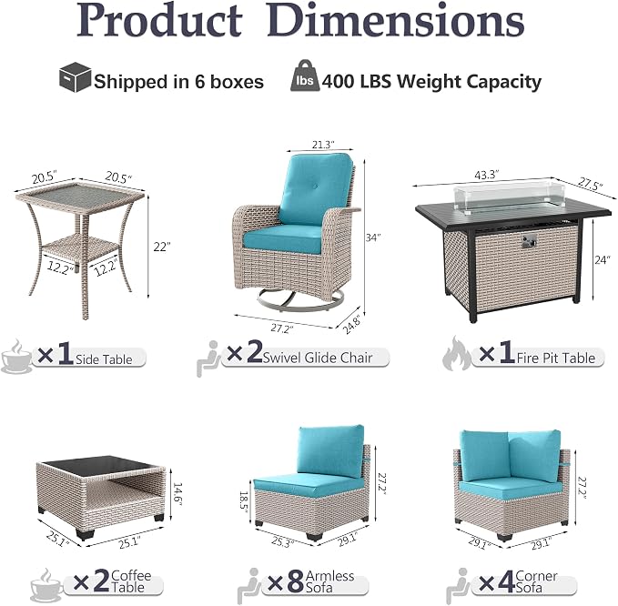 Patio Furniture Set, 18-Piece Outdoor Sectional Sofa with Swivel Rocker Chairs & Fire Pit Table, Wicker Patio Conversation Set with Coffee Table, Cyan Cushions