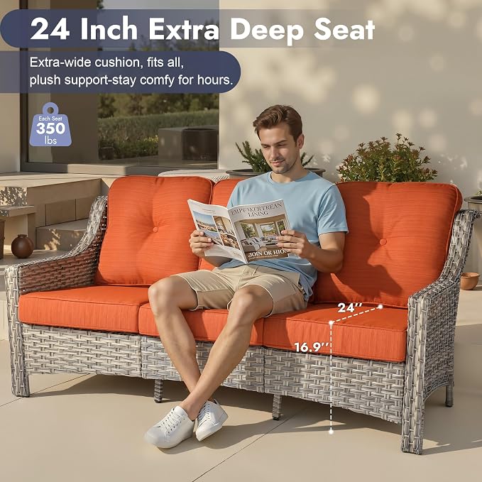 6 PCS Patio Furniture Set, Deep Seat High Back Outdoor Conversation Set with Ottomans, Wicker Outside Furniture with Solar Light Coffee Table for Porch Backyard Balcony, Sunroom, Orange