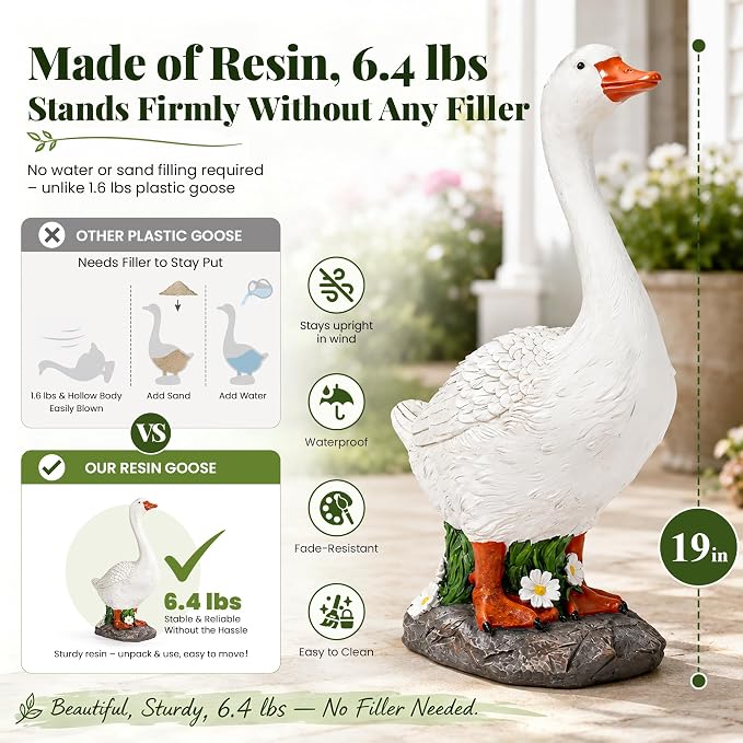 GIGALUMI 19" Porch Goose Statue, Durable Resin Garden Decor Hand-Painted | Animal Sculpture Indoor Outdoor, Patio Lawn Yard Art Ornaments, Birthday Housewarming Gift for Women Mom Grandma Friends