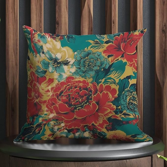 Pillow Cover Animal Tiger Stripe Colorful Chinoiserie Pillowcase Modern Peony Floral Asian Pillow Cover Accent Outdoor Garden Decoration for Patio Couch Tent Sofa 18x18 in