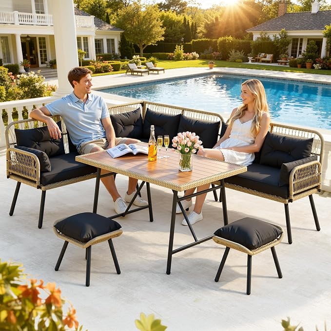 DWVO 9-Piece Patio Furniture Set Couch L Shape Outdoor Couch with Soft Cushions, Ottomans & Dining Table All-Weather Rattan Patio Conversation Set Outdoor Patio Sectional for Backyard Garden