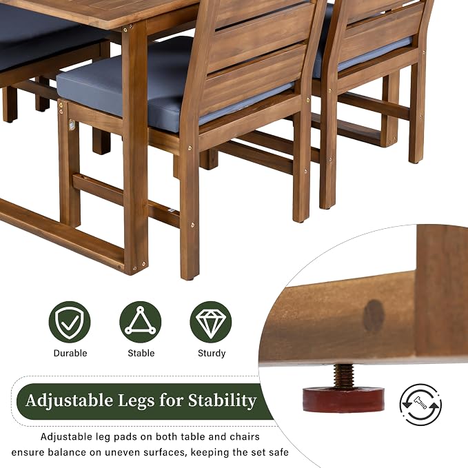 Acacia Wood Outdoor Dining Set for 4, All-Weather Patio Dining Set with Rectangle Dinning Table and 4 Chairs& Cushions for Garden Backyard Lawn (Brown+Gray c)