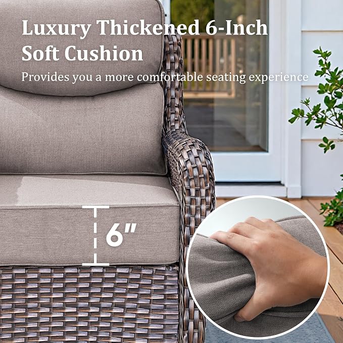 3 Pieces Patio Furniture Sofa Set with 6" Thick Cushions, High Back Wicker Sectional Outdoor Sofa with Ottoman, Outdoor Conversation Set for Balcony Deck Porch Backyard, Brown/Grey