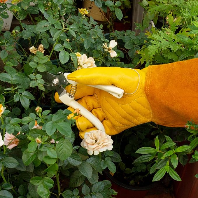 Acdyion Thorn Proof Gardening Gloves for Men & Women, Butter Yellow, S | Long Puncture-resistant Cowhide Leather Gauntlets for Rose Pruning, Cacti, and Yard Work