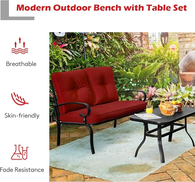 RELAX4LIFE Patio Loveseat with Coffee Table - 2-Piece Patio Conversation Sofa Set w/Backrest & Cushions, Modern Outdoor Glider Bench for Garden, Backyard, Poolside, Metal Porch Furniture (Red)