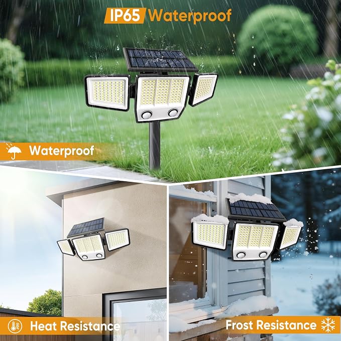 MDCMDCM Solar Motion Sensor Outdoor Lights Waterproof - 3000LM 3 Modes Security Lights Outdoor 270° Illumination IP65 LED Solar Flood Wall Light for Garden Yard Patio Pathway (with Stakes, 1)