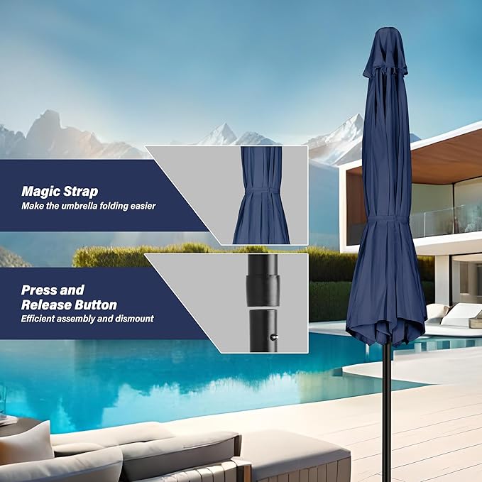 YSSOA 9' Patio Umbrella with 50lbs 20" Capacity Fillable Heavy Duty Round Base, 8 Sturdy Ribs, for Outdoor Lawn, Deck, Poolside, Dark Blue and Black