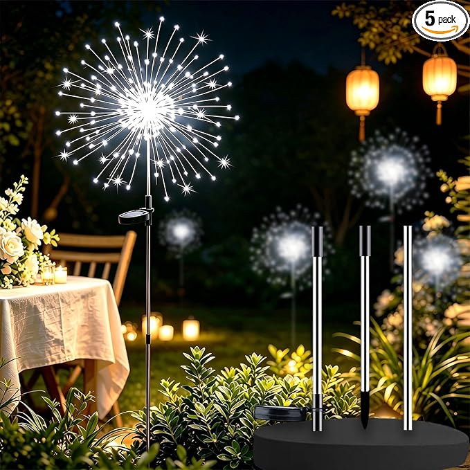 Solar Firework Lights Outdoor, 200 LED Starburst Garden Lights, Adjustable Height 2/3-Rod up to 51in, Stainless Steel, 2 Lighting Modes, IP65 Waterproof Pathway Light for Yard Patio Lawn