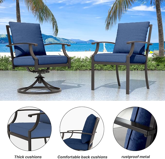7 Pieces Outdoor Patio Furniture Set with 48" 55000 BTU Round Propane Fire Pit Table,Patio Dining Set Outdoor Conversation Sets 6 Chairs for Deck,Backyard and Garden,Dark Blue