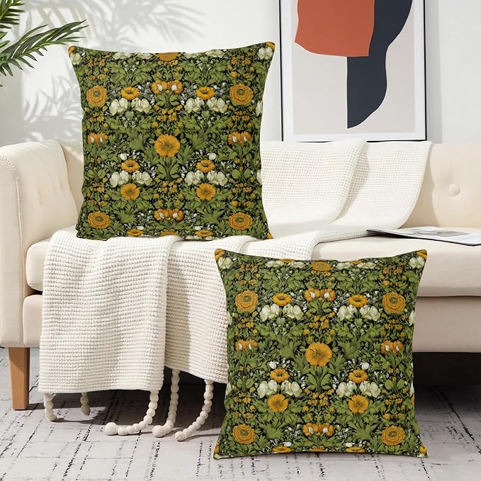 Dark Green Plant Floral Pillow Covers 20x20 Sage Green Botanical Throw Pillow Covers Fern Leaf White Orange Flowers Pillowcase Vintage Wildflower Cushion Case for Couch Sofa 2 Pack