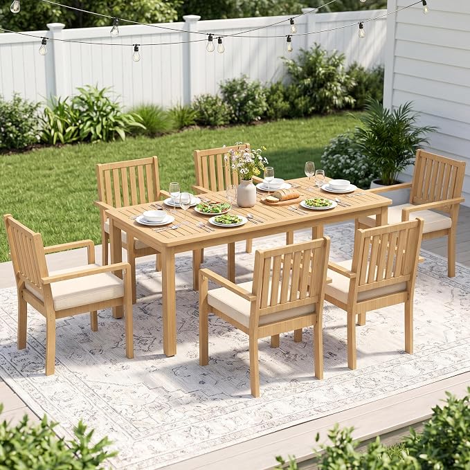 FansaFurn 7 Pieces Acacia Outdoor Patio Table and Chairs Set for All-Weather, Outside Furniture with Table Umbrella Hole and Removable Cushion for 6, Outdoor Patio Furniture Set for Garden, Brown