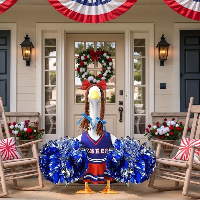 Cheerleader Porch Goose Outfits, Red Blue Goose Outfits for 23 Inch Porch Goose, Funny Goose Clothes with Pom Poms, Festive Porch Goose Decor for Sports Season and Game Day