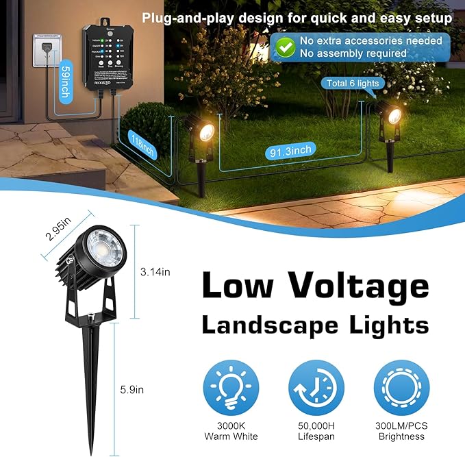 Plug-and-Play Low Voltage Landscape Lighting Kit, 6-Pack Landscape Lights with Transformer, 3000K Waterproof Outdoor Spotlight with Wire for Yard, Garden