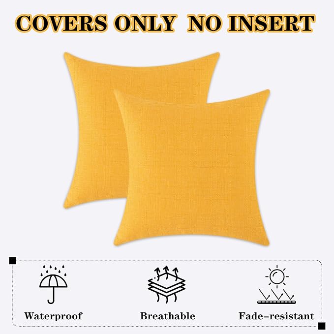 Kevin Textile Outdoor Waterproof 26”x26” Pillow Covers 2 Pack, Dark Yellow | Water Resistant, Soft Faux Linen-cotton Yarn-dyed Woven Texture Throw Pillow Covers for Tent Patio Garden Couch Sofa