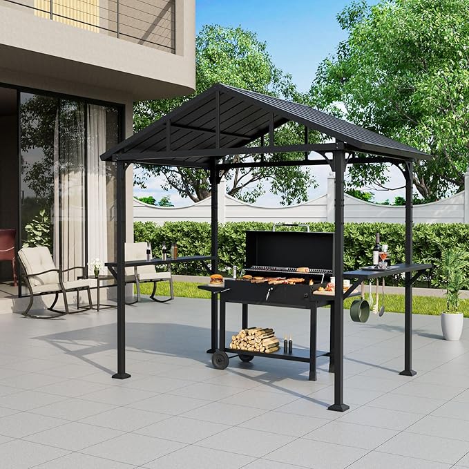 ALAULM 8'x 5' Hardtop Grill Gazebo, Outdoor BBQ Gazebo Metal Roof Canopy with 2 Metal Side Shelves & 5 Tool Hooks for Patio, Garden, Backyard, Poolside (Dark)
