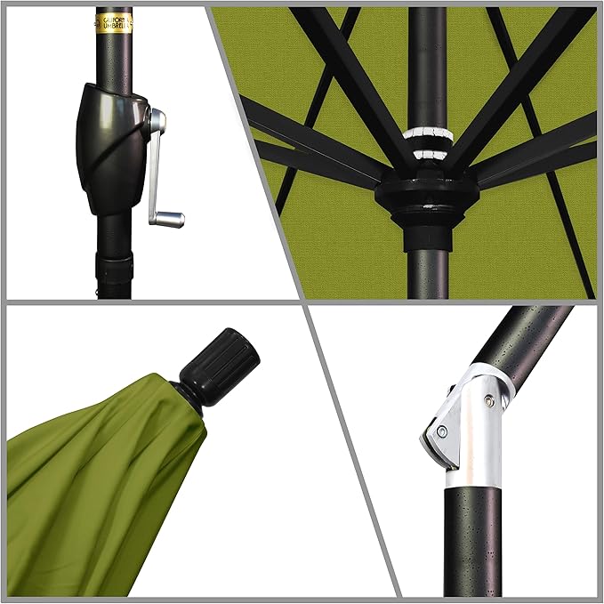 California Umbrella 9' Round Aluminum Market Umbrella, Crank Lift, Push Button Tilt, Black Pole, Kiwi Olefin