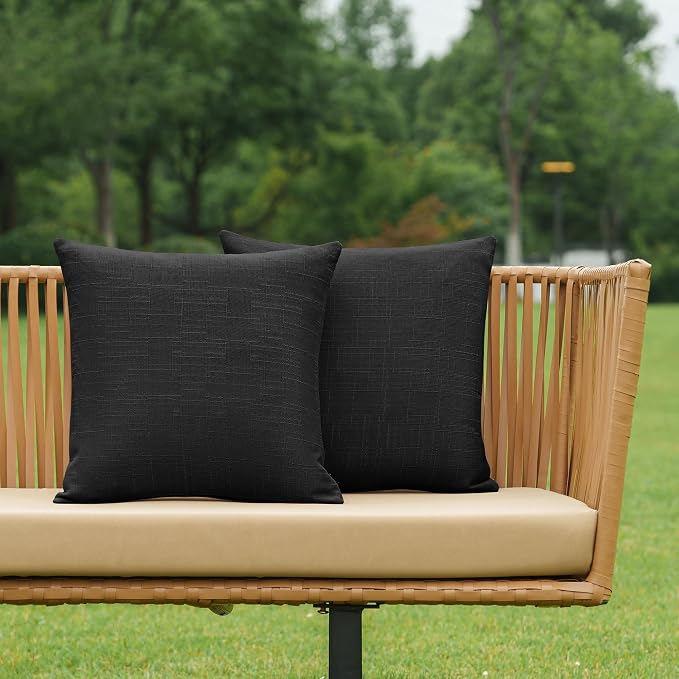 NiNi ALL Waterproof Outdoor Pillow Covers 18x18 Set of 2 Patio Black | Faux Linen Textured Decorative Solid Throw Pillow Covers Farmhouse for Garden Furniture Tent Balcony Couch Sofa Cushion