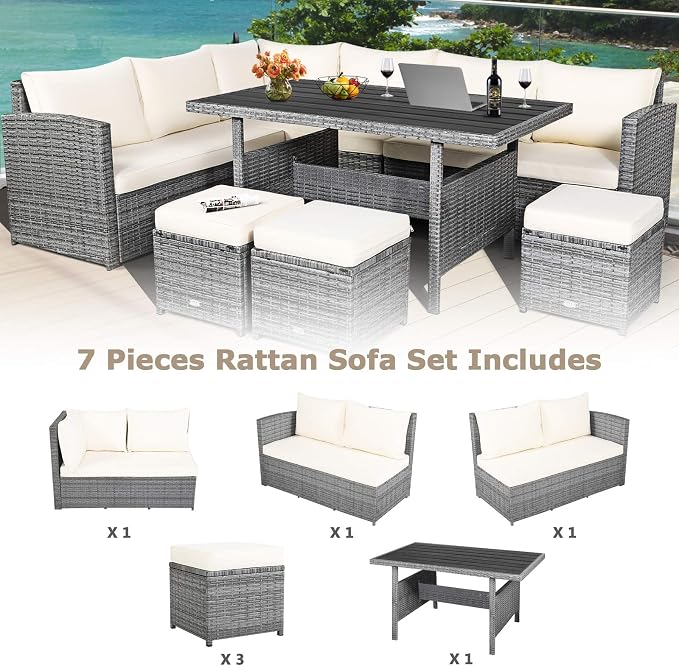 HAPPYGRILL 7 Pieces Rattan Wicker Patio Conversation Set, Outdoor Patio Furniture Set with Cushions, Rattan Sofa Set with Dining Table & Ottomans for Poolside Backyard Balcony Garden (Beige)