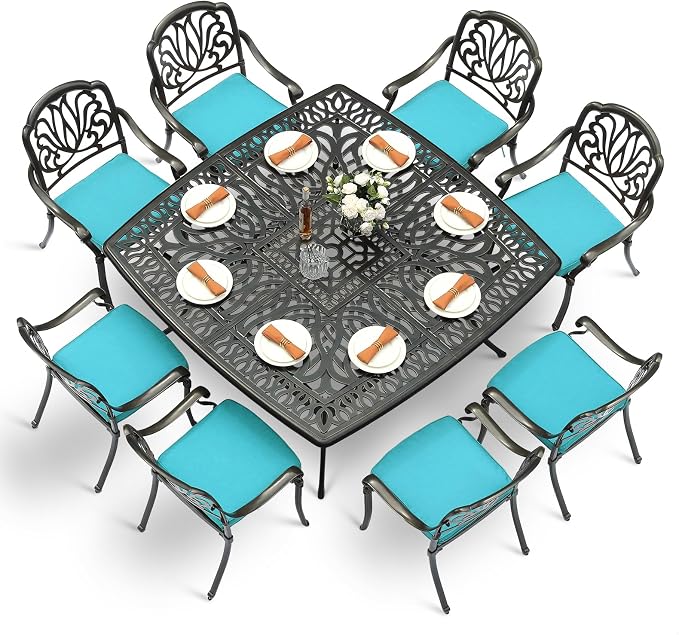 VIVIJASON 9-Piece Outdoor Furniture Dining Set for 8, All-Weather Cast Aluminum Patio Table and Chairs Set with 8 Cushioned Chairs, 64" Large Square Dining Table, 2.2" Umbrella Hole, Ocean Blue