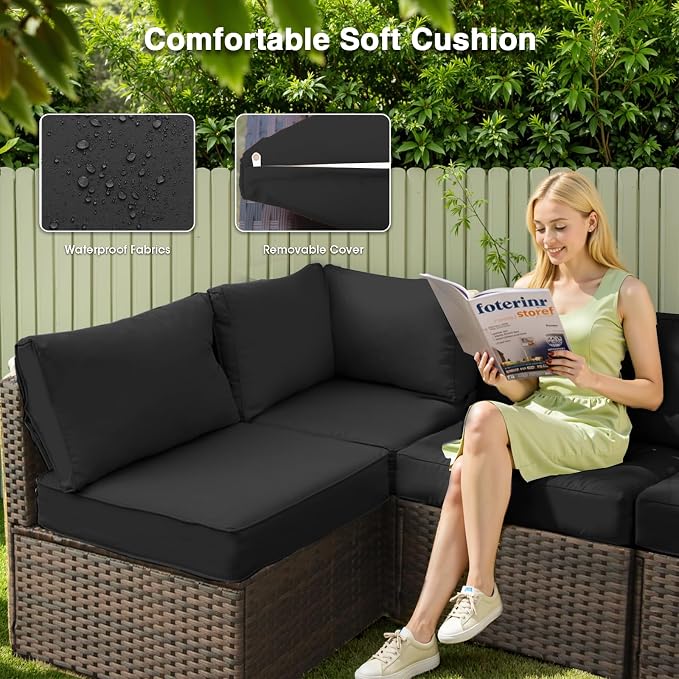 Patio Furniture Set 5 Piece All Weather PE Rattan Outdoor Sectional Sofa Couch with 4 x arm Sofa, No-Slip Cushions and Glass Top Table for Garden, Poolside, Backyard (Black)