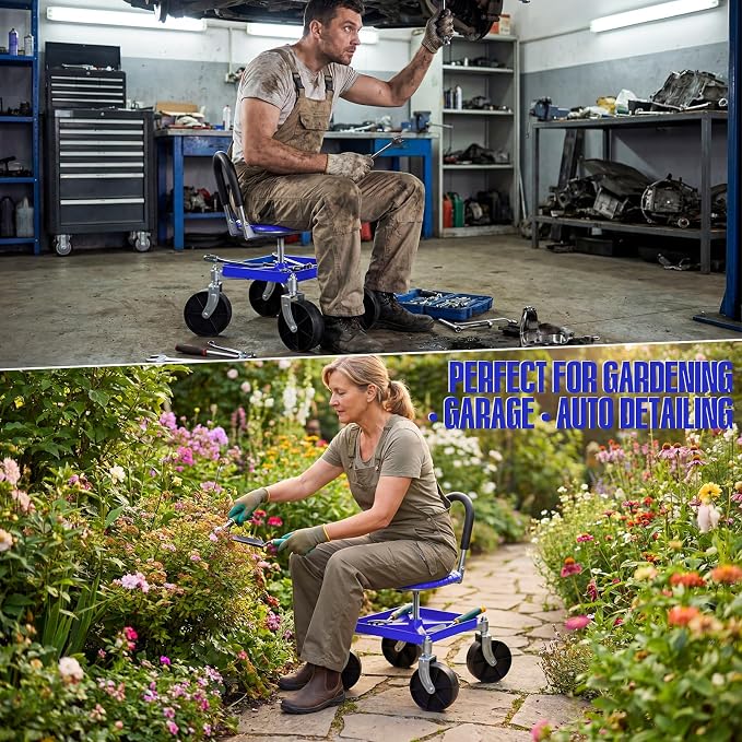 Heavy-Duty 360° Swivel Rolling Garden Seat, 330 lbs Capacity, Height Adjustable 20-24 in, with Work Gloves for Weeding, Planting, Car Detailing