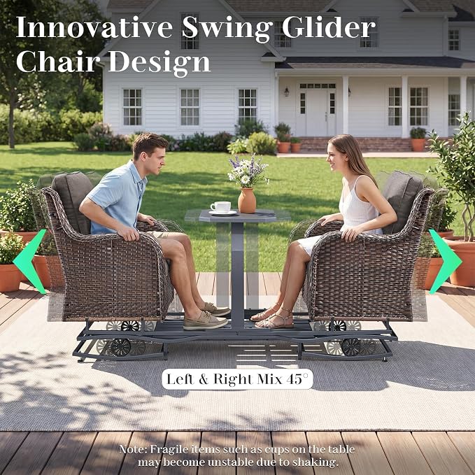Rilyson Luxury Wicker Outdoor Conversation Set with Glider Rocker Chairs, 5 Pieces Patio Furniture Set with Rattan Swivel Rocker Chairs and Ottomans All Weather Brown/Grey