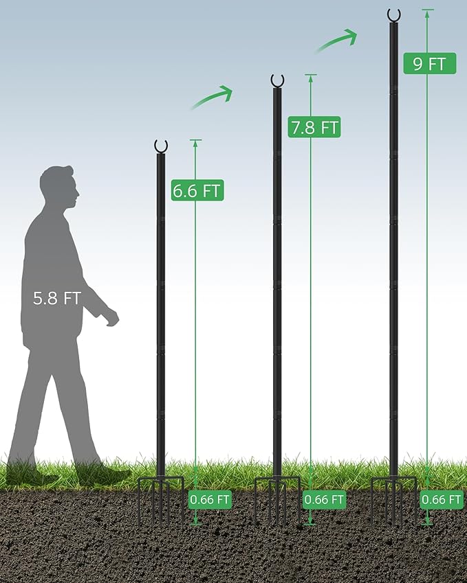 LAND·VOI Outdoor String Light Poles 4 Pack, Heavy Duty String Light Poles for Outside with 5-Prong Base & Adjustable Height, Perfect for Backyard, Patio, Garden, Fence and Party Decor