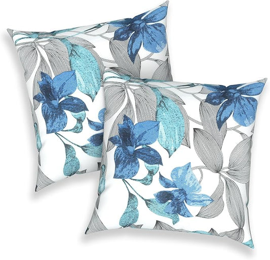 Outdoor 16x16 Inch Throw Pillow Covers Set of 2, All Weather Square Pillow Cases, Patio Cushion Pillow of Home Furniture Use, Clemens Noir Blue